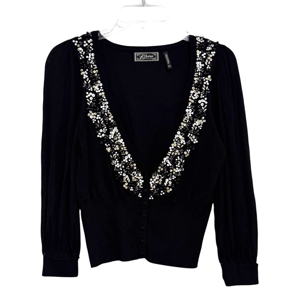 Guess Black Sequin Beaded V-Neck Cropped Cardigan Sweater Womens Medium Y74Z1691